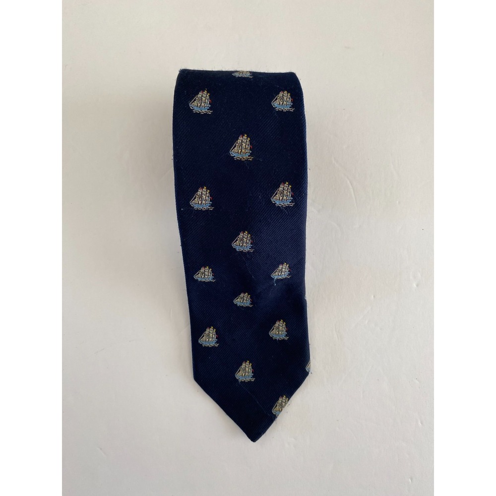 Jonathan Blake Sailing Ship Necktie Navy Blue Nautical Tall Ship Mens Silk Blend